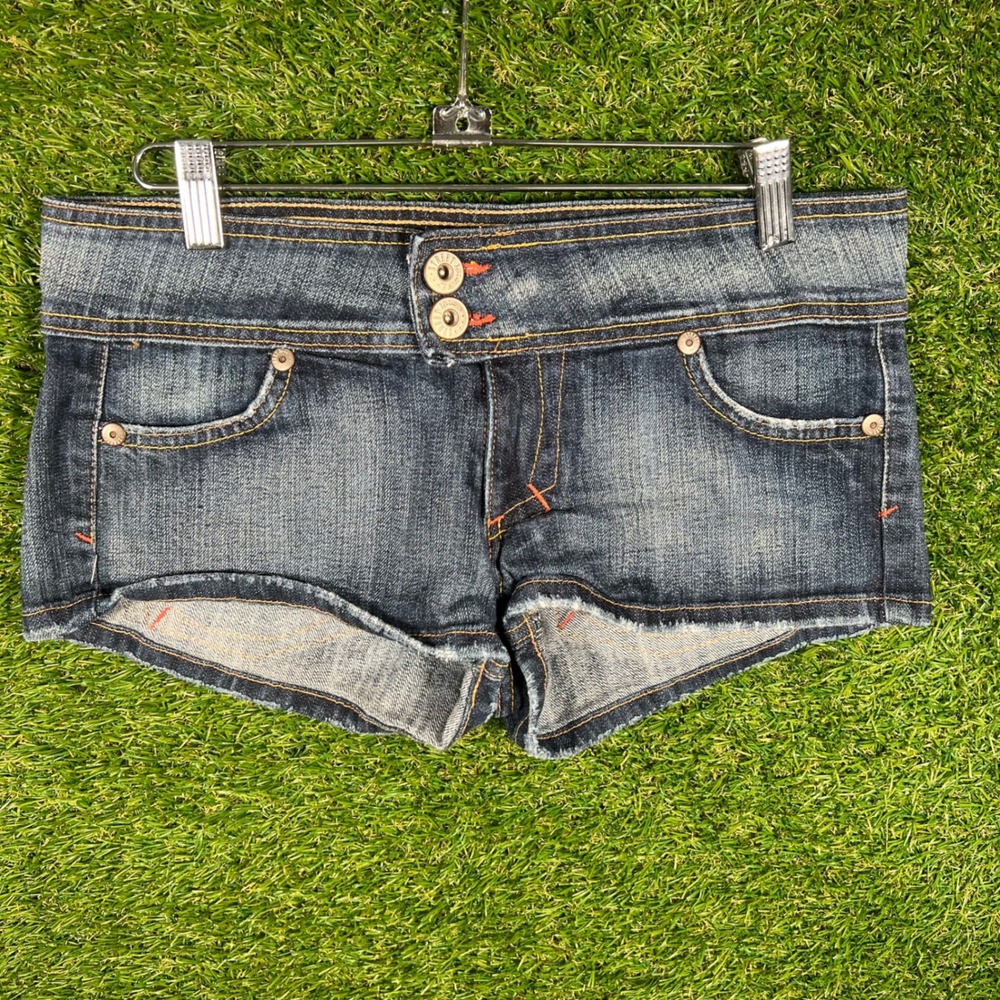 Street Denim Womens Low Rise Y2K Jean Shorts Dark Wash Raw Hem Size 7 5P391DM60